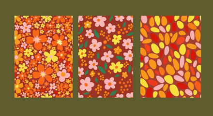 Retro Floral and Abstract Seamless Patterns Orange, Pink, and Yellow Designs