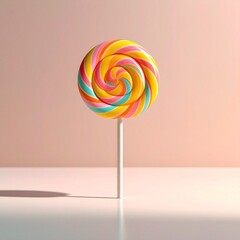 A single colorful lollipop standing upright on a pastel surface, captured in dramatic close-up with shallow depth of field, soft backlighting, and a clean minimal background, ultra-detailed