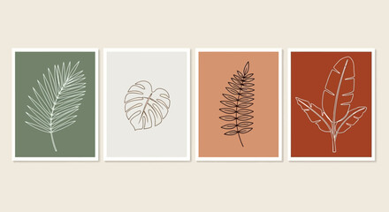 Minimalist Botanical Line Art Prints Set of Four Tropical Leaf Illustrations