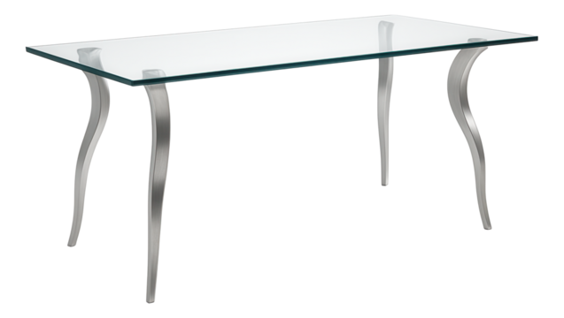 A rectangular glass dining table with elegant curved legs, suitable for a formal dining room.