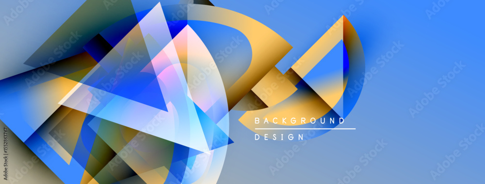 Poster abstract geometric shapes overlap, creating dynamic composition. blue, gold hues dominate design, su