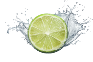 Lime slice creates a dynamic splash of water isolated on transparent background showcasing freshness and vibrancy of natural ingredients