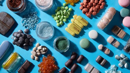Assorted colorful medicine and supplements on blue background for healthcare pharmaceutical photography top view product scene