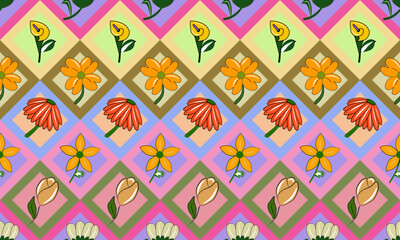 Colorful Floral Patchwork Pattern with Diamond Grid