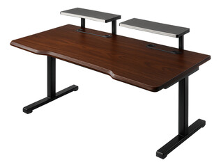 A dual-monitor computer desk with cable management features, designed for a home gaming room.