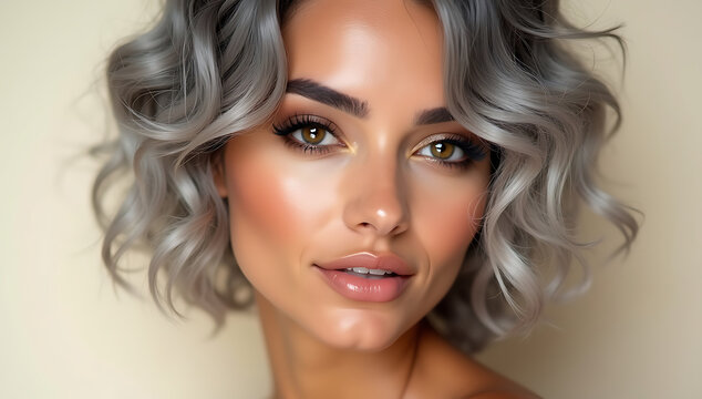 woman with gray curly hair, beautiful blue eyes, smooth porcelain skin, natural makeup, elegant facial features, close-up portrait, high-quality professional photograph, 4K and HD image
- Powered by Adobe