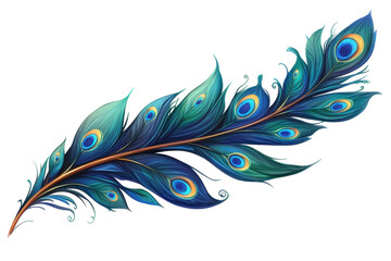 Majestic peacock feather with vibrant colors and intricate patterns isolated on a transparent background showcasing nature's beauty