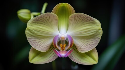 Close-up of vibrant yellow orchid with purple accents in bloom
