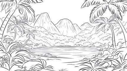 Calm lagoon landscape with tropical forest, mountains, palms. Coloring page for travel ads or books