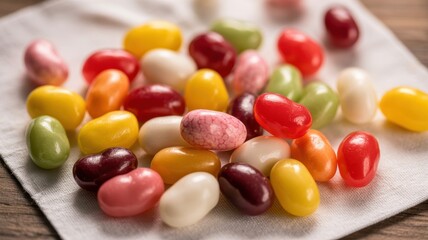 Multicolored jelly beans on a white fabric surface