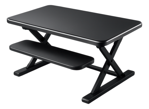 A standing desk converter to transform a regular desk into a standing one, suitable for a home office.