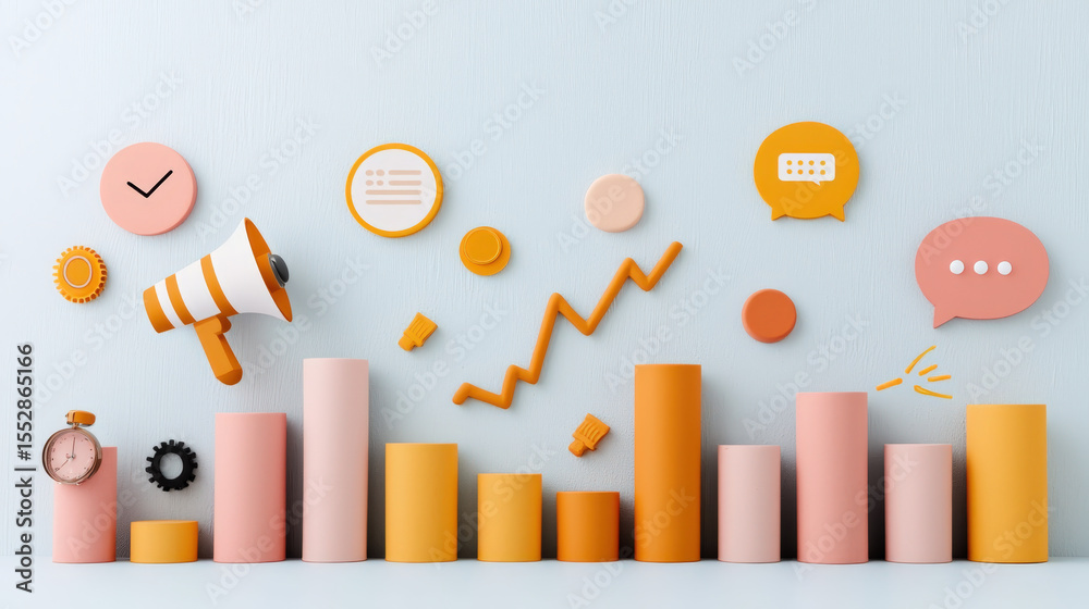 Poster Colorful 3D illustration of marketing analytics platform with bar graphs, speech bubbles, and icons representing communication and data analysis