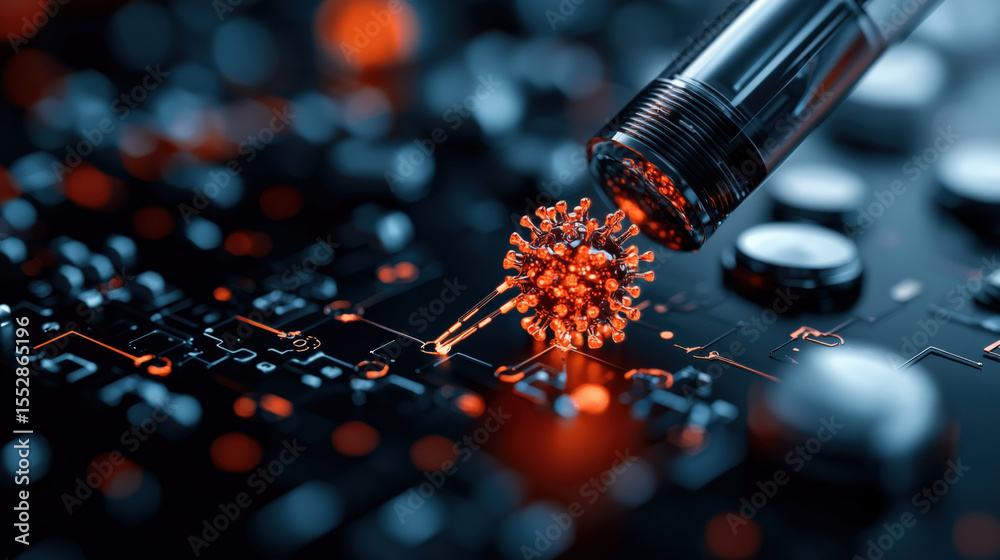 Aufkleber close up of nanobot delivering targeted therapy to virus on circuit board, showcasing advanced techn