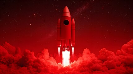 Red Rocket Launching into Space Night Sky