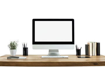 Office desk with computer and accessories isolated on transparent background, showcasing a workspace ideal for productivity and focus