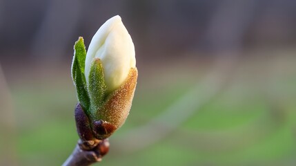 Closeup of a Delicate White Flower Bud Blooming in Spring