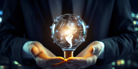 Businessman holding light bulb and brain with data network digital technology, Generative AI.