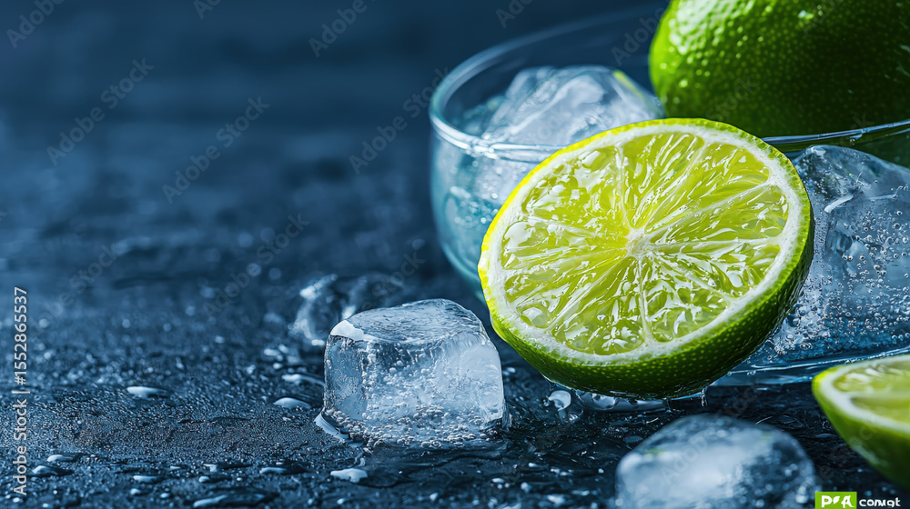 Poster Close up of ice cubes and slice of lime in glass, creating refreshing and cool atmosphere. vibrant green of lime contrasts with clear ice, set against dark background
