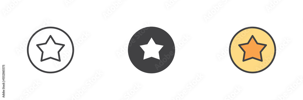 Poster star in circle icon set in line, solid and filled outline style