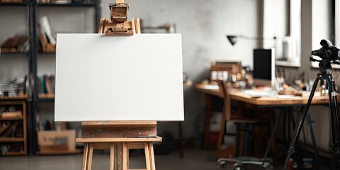 Blank canvas on easel in artist's studio, shallow depth of field, blurred background with work table, shelves, and video camera
