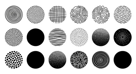 Collection of Circular Hand-Drawn Textures Black and White Patterns