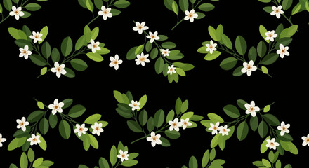 Elegant Seamless Pattern White Flowers and Green Leaves on Black Background