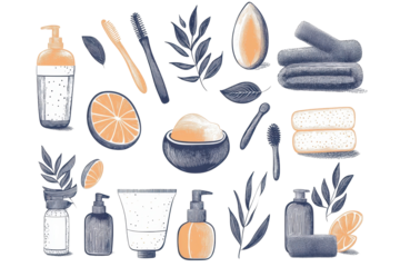 Decorative accessories and skincare essentials for spa salons featuring natural elements and relaxation themes
