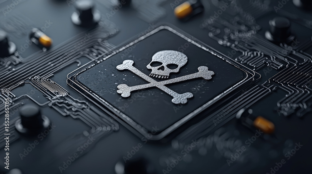 Aufkleber Close up of circuit board features prominent skull and crossbones symbol, indicating danger or caution. intricate design of electronic components adds sense of complexity and warning