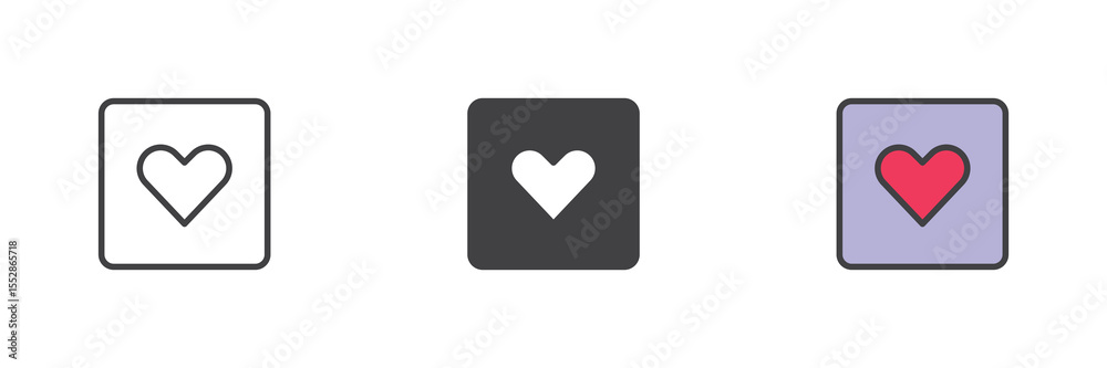 Aufkleber heart in square icon set in line, solid and filled outline style