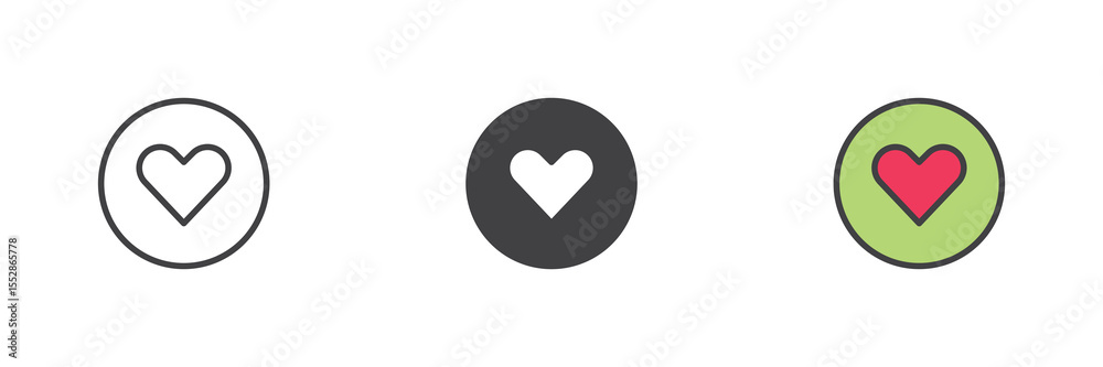 Poster Heart in circle icon set in line, solid and filled outline style