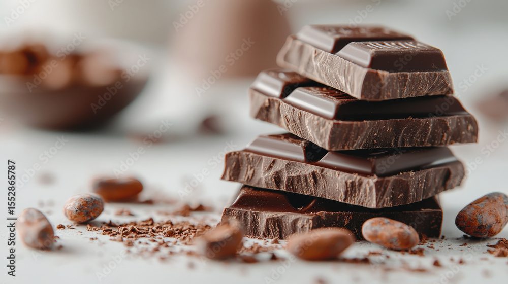Poster Rich and indulgent, stack of dark chocolate pieces is surrounded by cocoa beans and shavings, creating tempting and luxurious scene. focus on texture and detail enhances allure