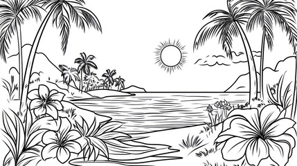 Tropical Beach Scene Line Art (3)