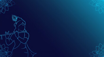 Stylish vector banner with silhouette of Krishna playing flute, minimal line art, gradient background from dark blue to turquoise