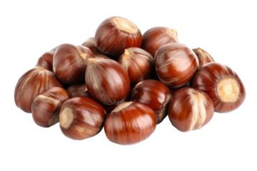 Heap of chestnuts on a white backdrop showcasing their glossy brown shells ready for culinary use or seasonal decoration ideas