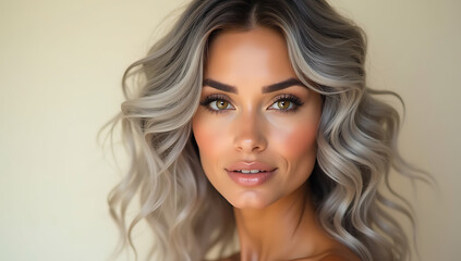 Naklejka premium high quality portrait photography, beautiful young woman with long wavy light brown hair, soft natural makeup, striking facial features, warm smile, looking directly at camera, 4K and HD image 