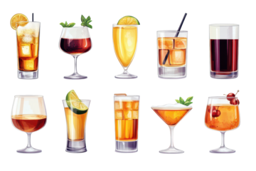 Collection of classic cocktails ranging from refreshing beverages to fruity mixes in various glassware, served at a lively bar setting