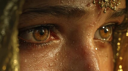 Photorealistic close-up of a bride's longing eyes at dawn, evoking a sense of hope and anticipation. Reflects themes of love and devotion, reminiscent of ancient tales of romance.