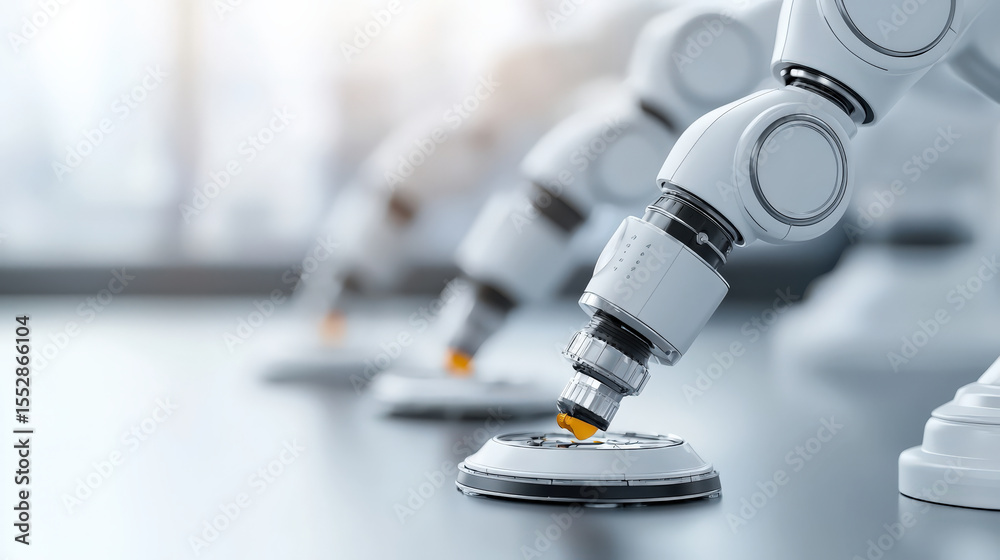 Poster Row of robotic arms in laboratory setting demonstrates advanced engineering technology, focusing on precision and innovation. sleek design and metallic finish highlight modern automation