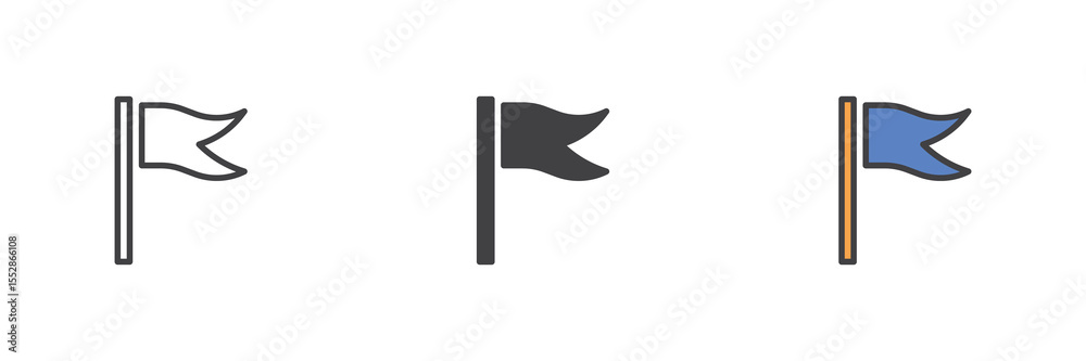 Poster Curved flag icon set in line, solid and filled outline style