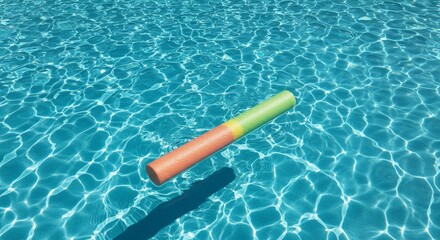 Colorful pool noodle floating in clear blue swimming pool water  