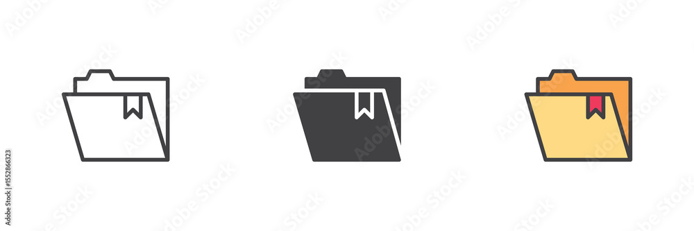 Poster folder with bookmark icon set in line, solid and filled outline style