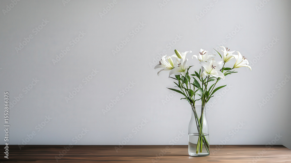 Poster sleek modern vase with white lilies contrasts against minimalist background, creating serene and ele