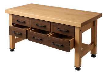 A wooden workbench with a smooth surface and storage drawers, ideal for a DIY workshop in the garage.