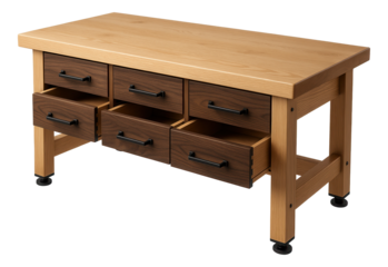 A wooden workbench with a smooth surface and storage drawers, ideal for a DIY workshop in the garage.