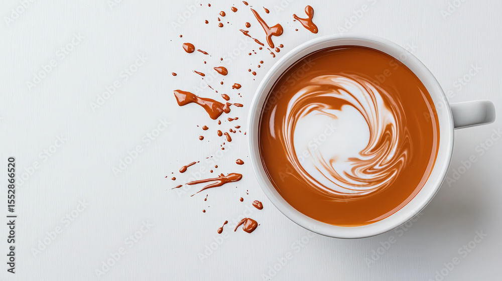 Aufkleber Top view of white cup filled with coffee, with milk swirling into it, creating artistic pattern. coffee is on white surface with splashes around cup, adding dynamic feel