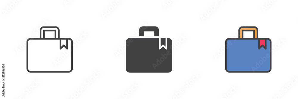Poster Briefcase with bookmark icon set in line, solid and filled outline style