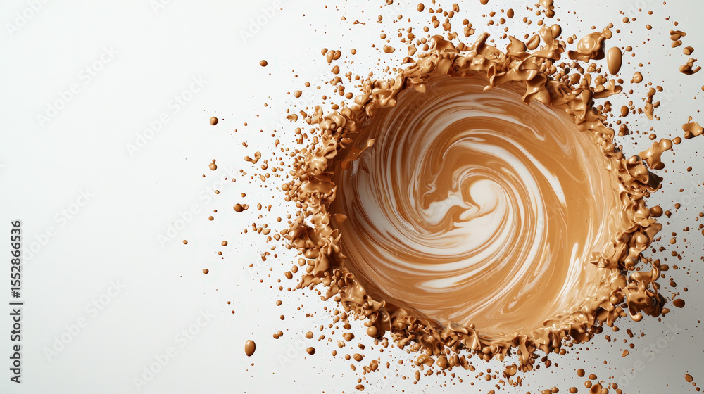 Poster dynamic splash of coffee with milk creates swirling pattern against white background, capturing moti