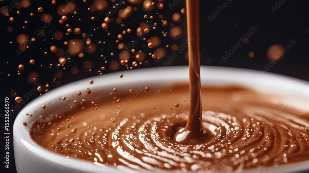 Poster stream of rich, creamy chocolate is poured into white cup, creating swirling pattern and splashes. d