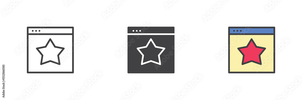 Poster browser star bookmark icon set in line, solid and filled outline style