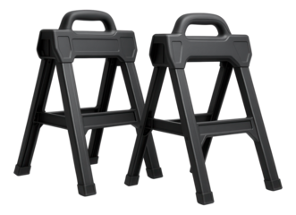 A foldable sawhorse pair made from durable plastic, convenient for supporting materials in a backyard shed.